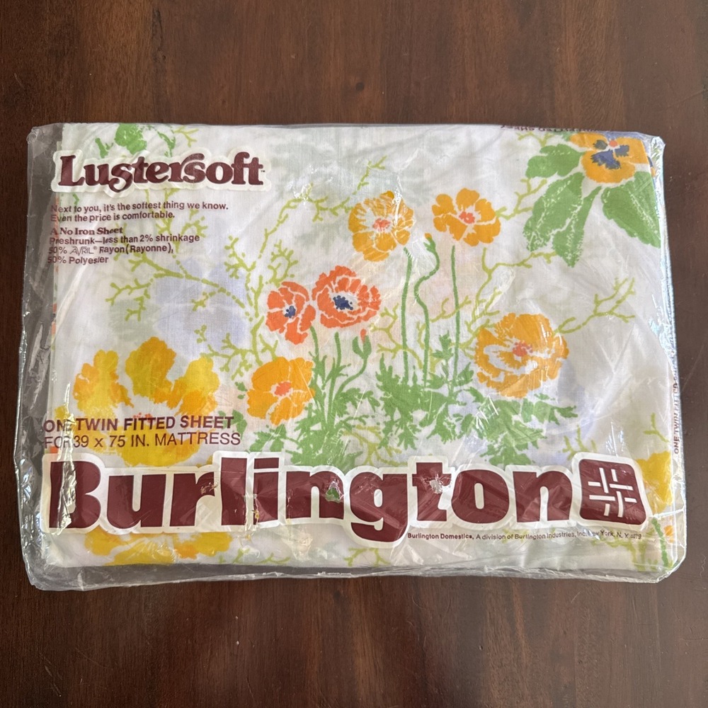 Vintage 70s Burlington TWIN Fitted Sheet New Floral Orange Poppies‎ Pansies